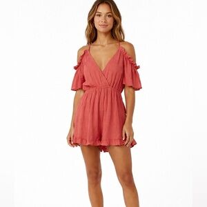 Topshop Coral Cold Shoulder Romper Ruffle Boho Flowy NWT